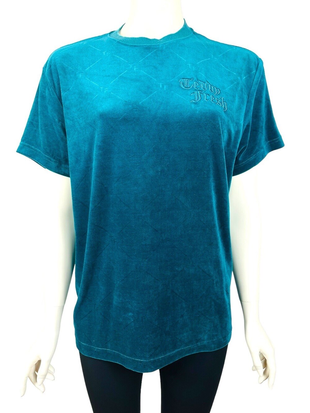 Teddy Fresh Velour Shirt Women's XS Teal Blue Velvet Short Sleeves Logo